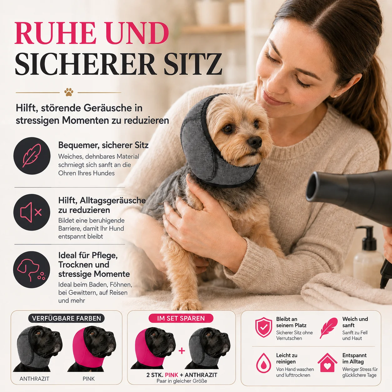 Hunde-Ohrenschützer zur Lärmreduzierung, Beruhigende Haube für Pflege, Schwimmen und Baden, Weicher Ohrenschutz für Hunde und Welpen – Detail 6