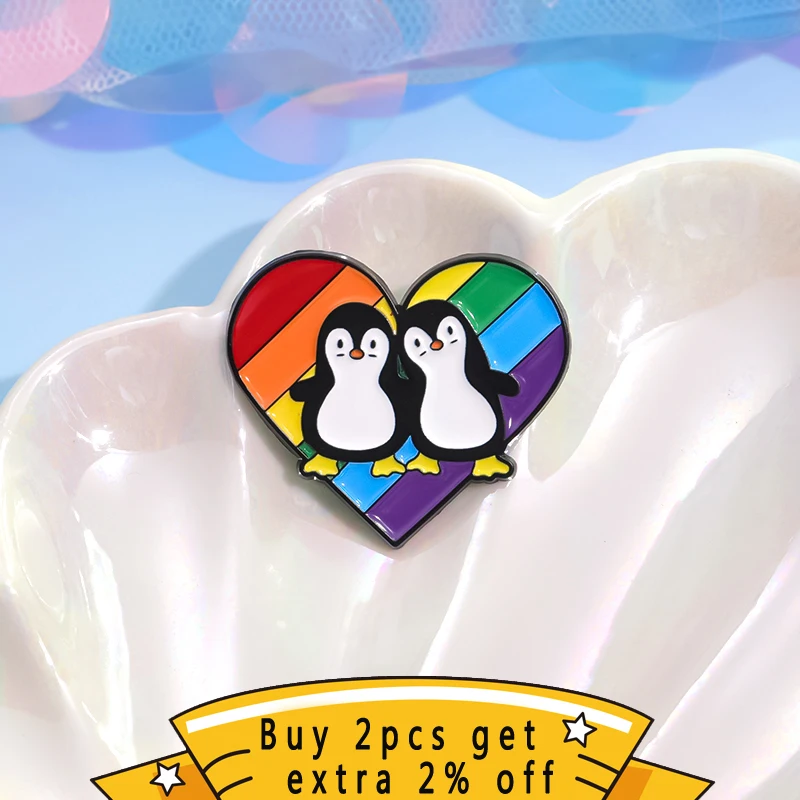 Lovely Couple Penguins Enamel Pins Custom Love And Pride Rainbow Heart Brooch Lapel Badges LGBT Jewelry Gift For Favorite Person