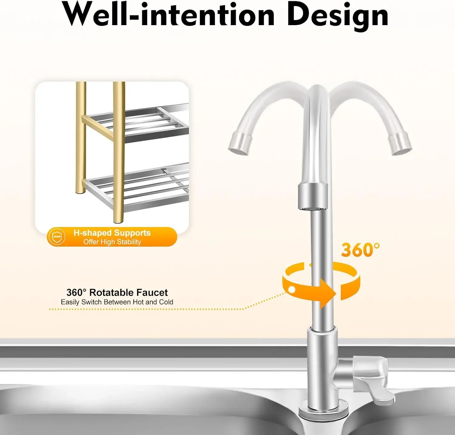 3 Tiers Freestanding Stainless Steel Sink, Double Bowl Commercial Restaurant Kitchen Sink Set Indoor Outdoor Kitchen Sink and Ca view 5