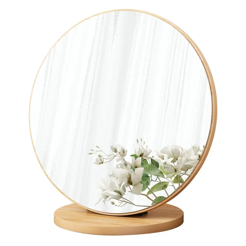 High Definition Mirror Simple Desktop Round Mirror Portable Makeup Mirror for Dormitory Wooden Retro Decorative Accessory