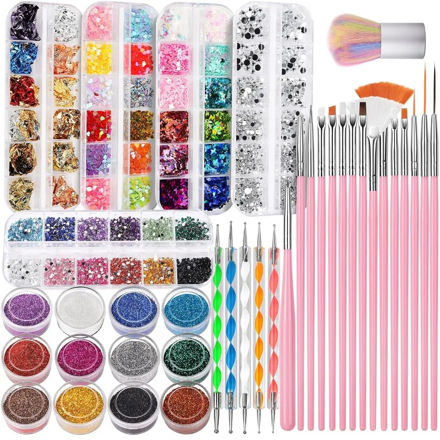 

Nail Art Dration Kit Design Tools Set with Nail Art Brushes Dotting Tools Fine Glitter Butterfly Heart Seqs Foil Flakes Nail Rh