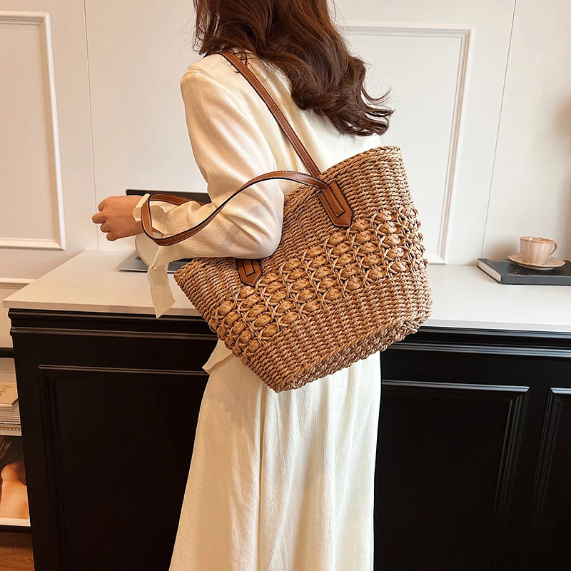 Summer Straw Bags for Women Straw Shoulder Bags Rattan Woven Top Handle Bag Hollow Raffia Crochet Beach Bag Casual Handbags