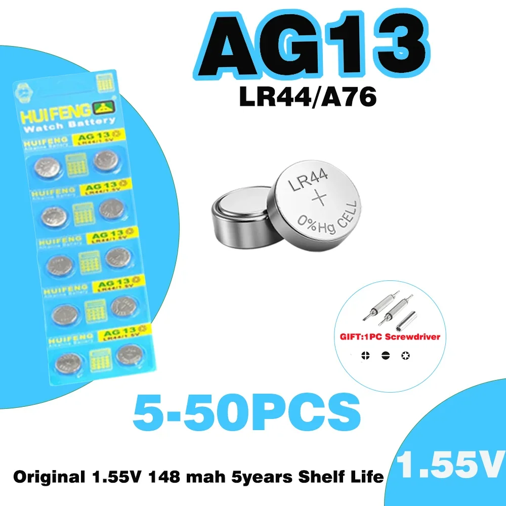 5-50pcs AG13 LR44 SR44 1.55V batteries, L1154 A76 RW82 SP76， Suitable for watches, electronic toys, calculators,remote controls