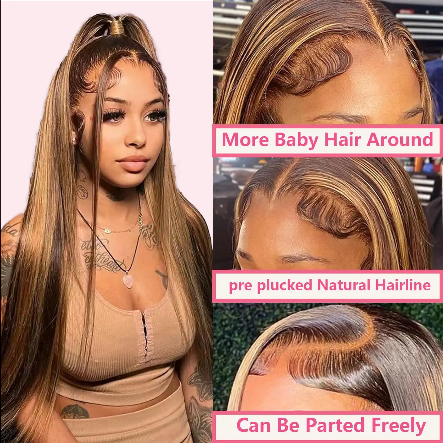 密度200 P4_27 ハイライトフロントレース 生え際処理済み カラーストレートフロントウィッグ 13x4 HD透明レース 人毛ウィッグ