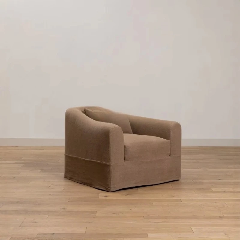 Poltrona Singola in Tessuto di Lino Stile Nordico Wabi Sabi, Colore Caffè al Latte Giapponese, Rivestimento Rimovibile e Lavabile, Arredamento per Soggiorno