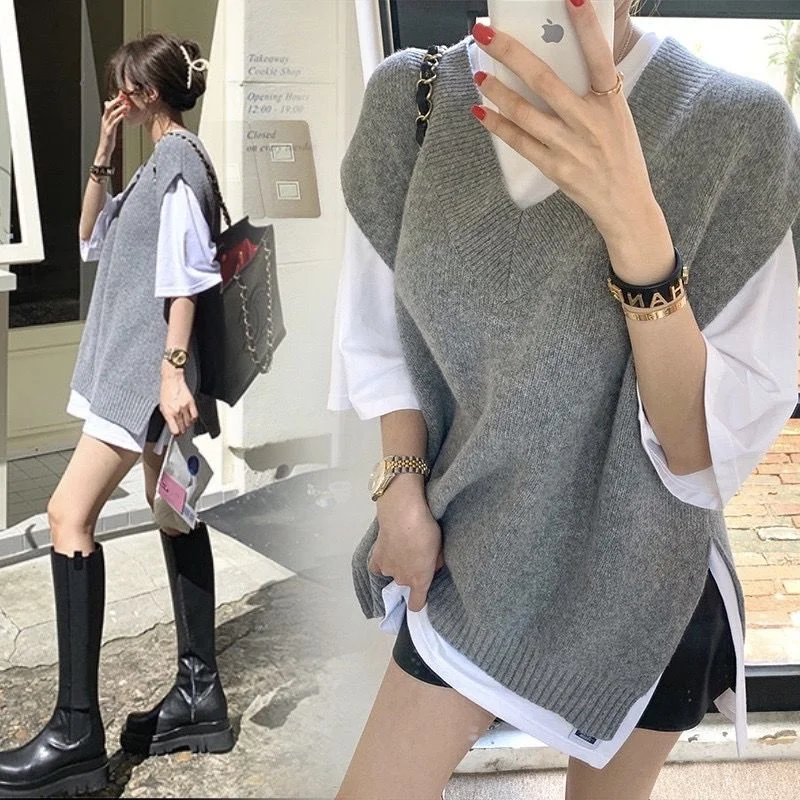 

Spring Autunm Women Sweater Gray Black Blue Sleeveless Vest Sweater Knitted Vintage Casual Pullover Femme jumper