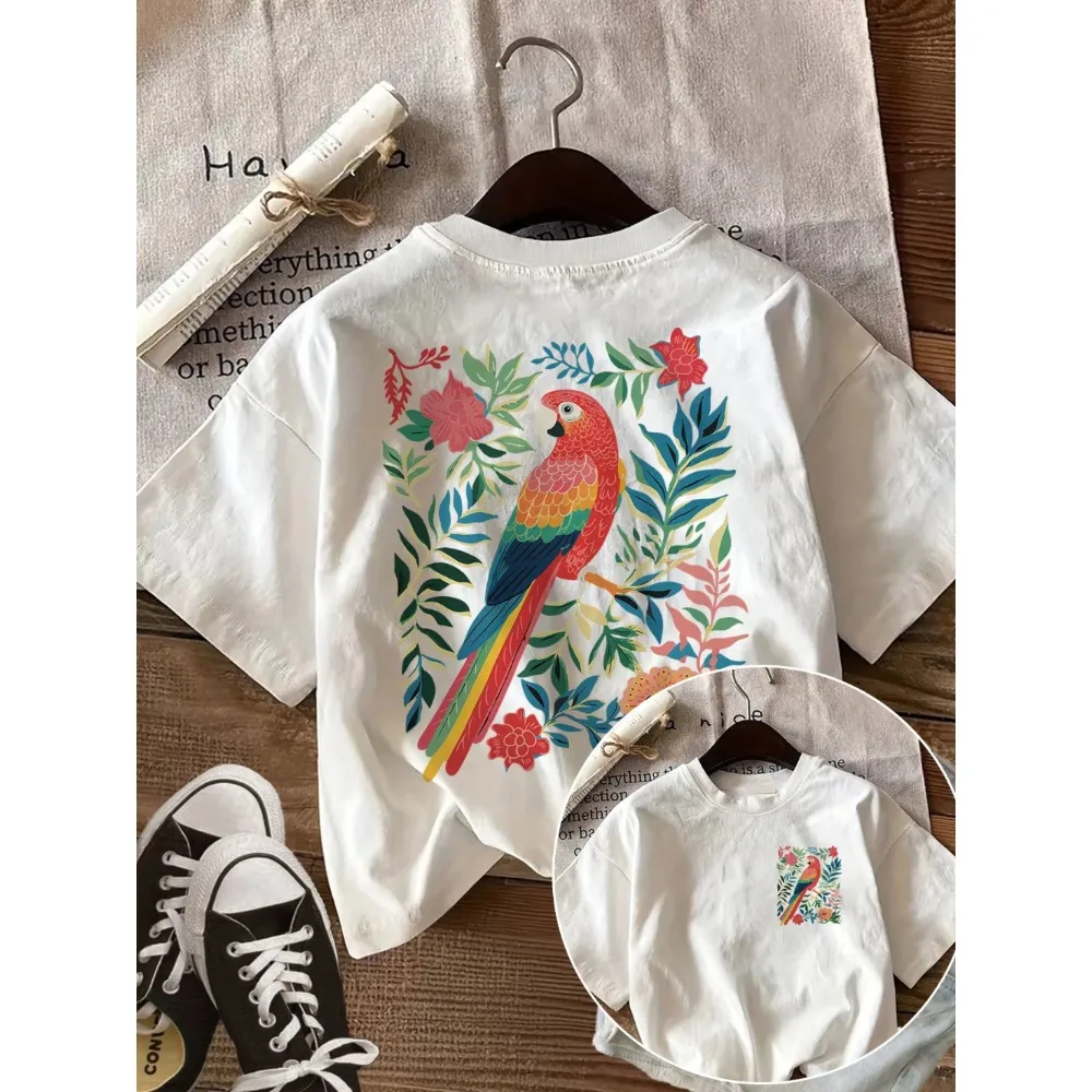 Tropical Parrot Flower Graphic T Shirt Men Women Summer Casual Short Sleeve Crew Neck Loose Tee Vintage Macaw Bird Harajuku Top