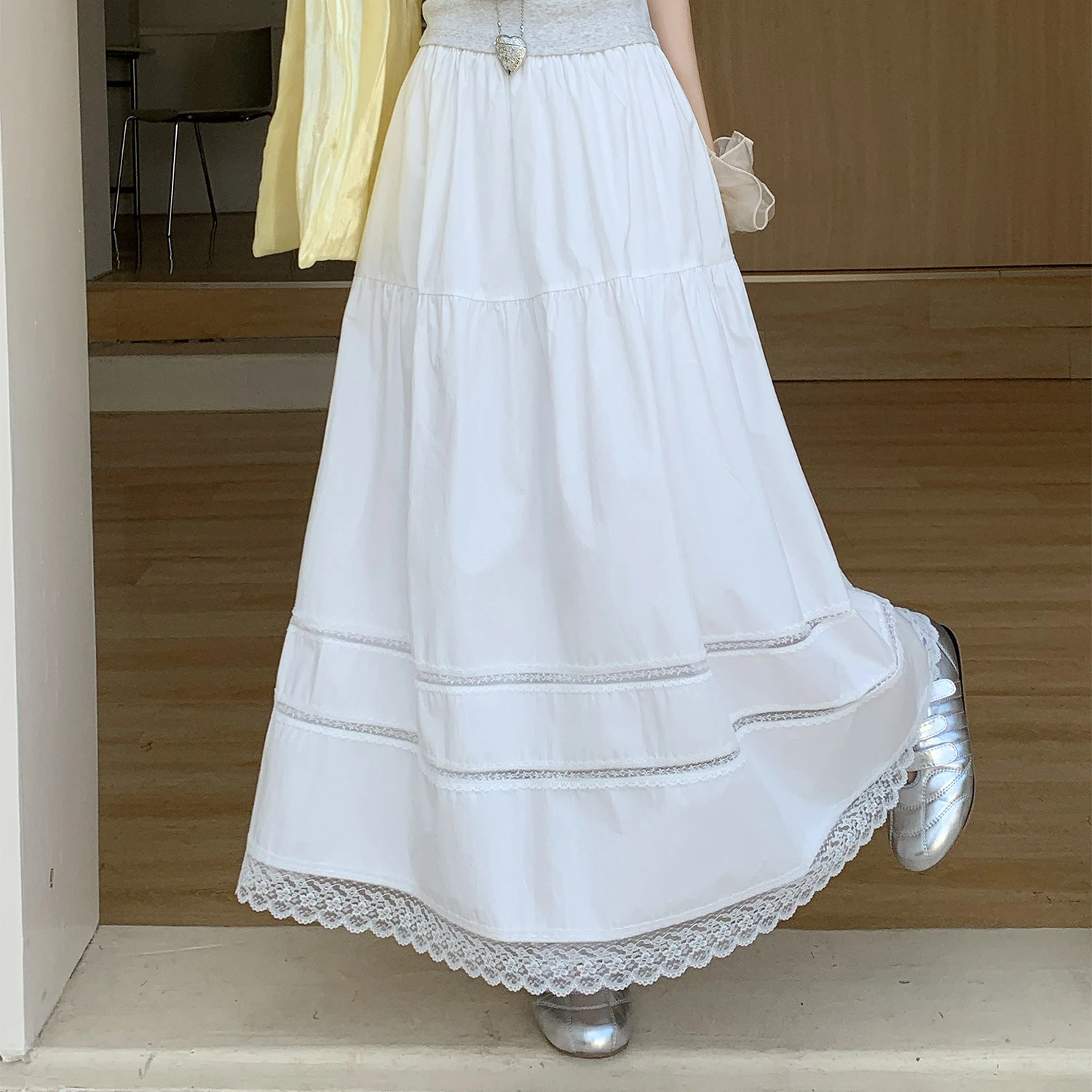 

Women's Korean Style Skirt, Summer High Waist Slimming Mid Length, A-line White Long Skirt