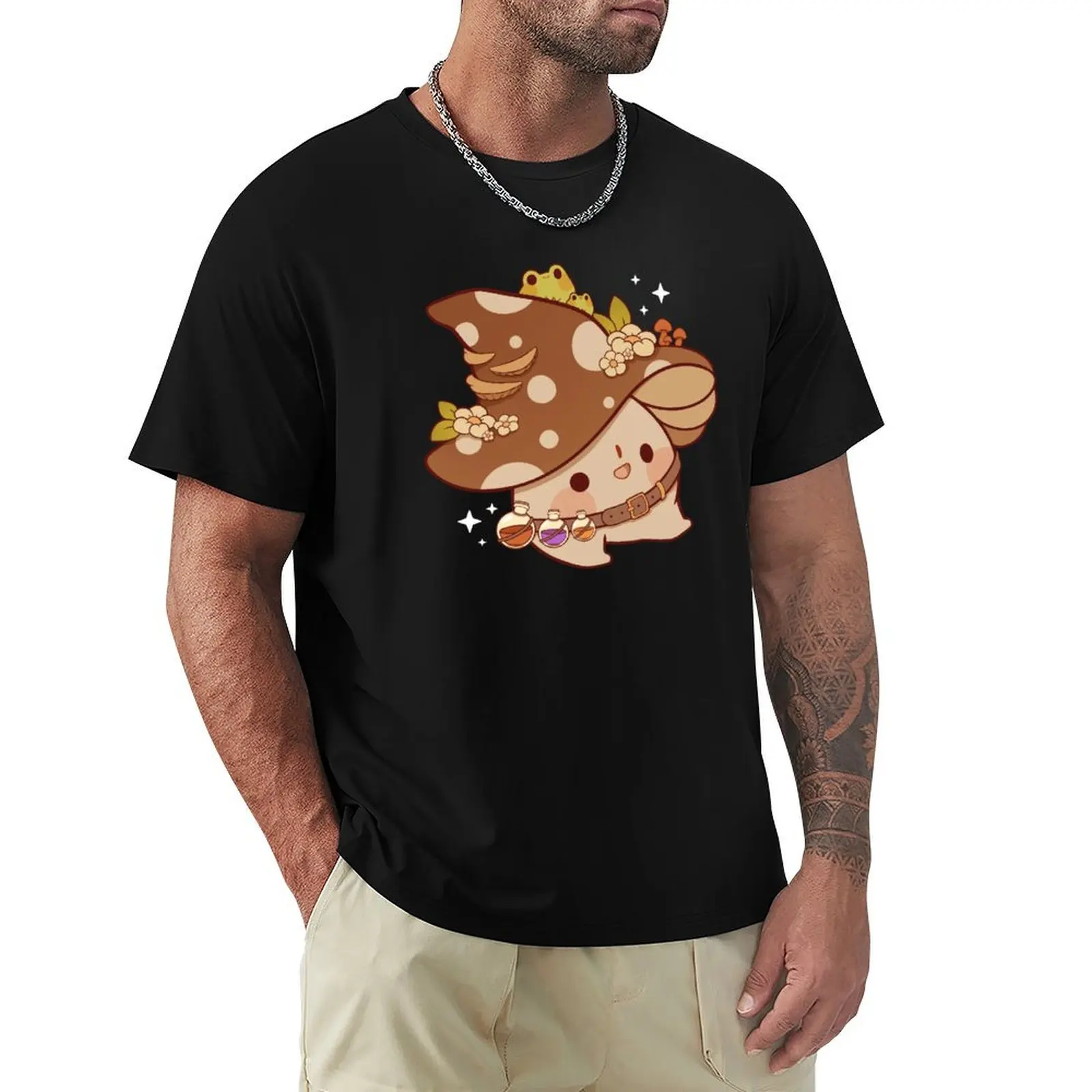 Witchy mushroom with potions T-Shirt Anti-Fade Casual Tee Shirt