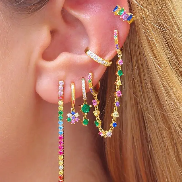 Double piercing 2 hole earring luxury gorgeous Rainbow Cz long tassel chain link huggie hoops fashion jewelry