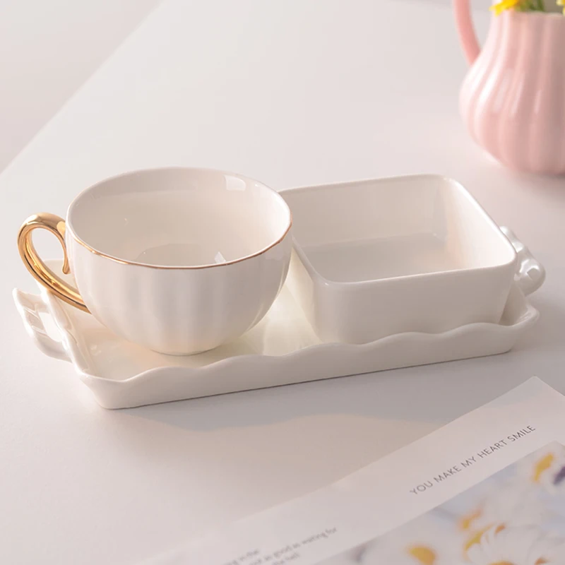 Ceramic Coffee Cups And Saucers Set Exquisite Afternoon Tea Drinkware Household Solid Colour Latte Cups Snack Plate