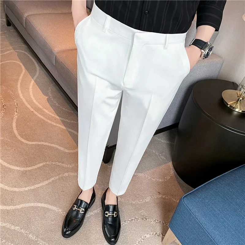 British Style Solid High Waist Trousers Men Formal Trousers High Quality Slim Fit Business Casual Suit Pants Groom Wedding Dress