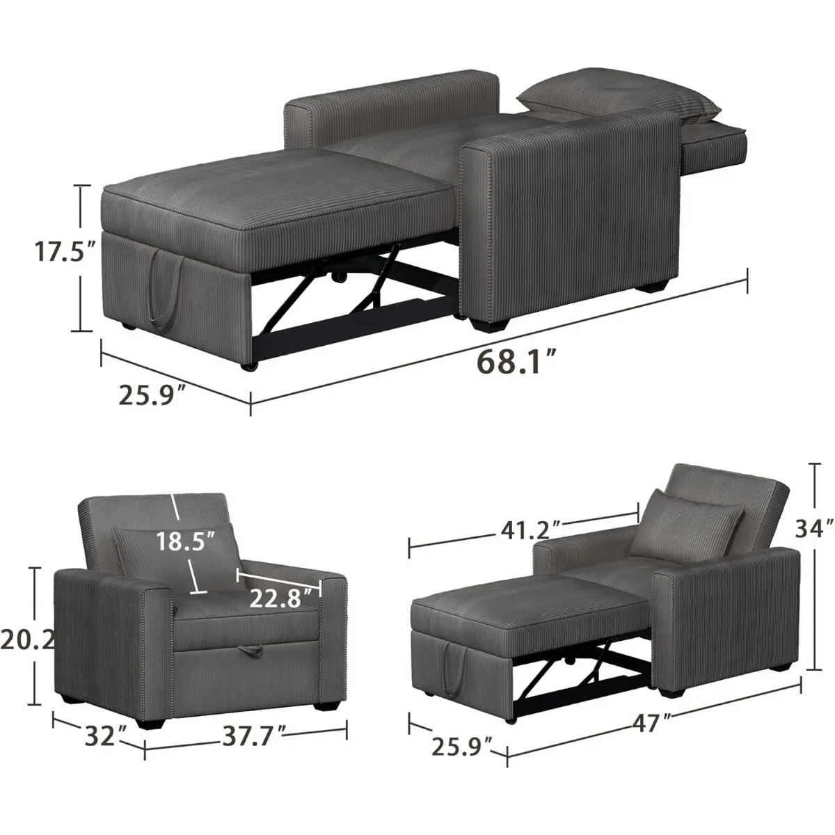 슬리퍼 의자, 3 in 1 컨버터블 소파 침대, 조절 가능한 풀아웃 소파 침대, 스로우 베개, 모던 소프트 코듀로이 원단 소파