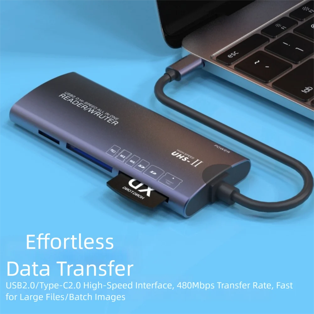 6-in-1 USB HUB Multi-Card Supports SD+TF+XD+CF+M2+MS Type-C Splitter Aluminium Alloy Laptop PC OTG Adapter Computer Accessories