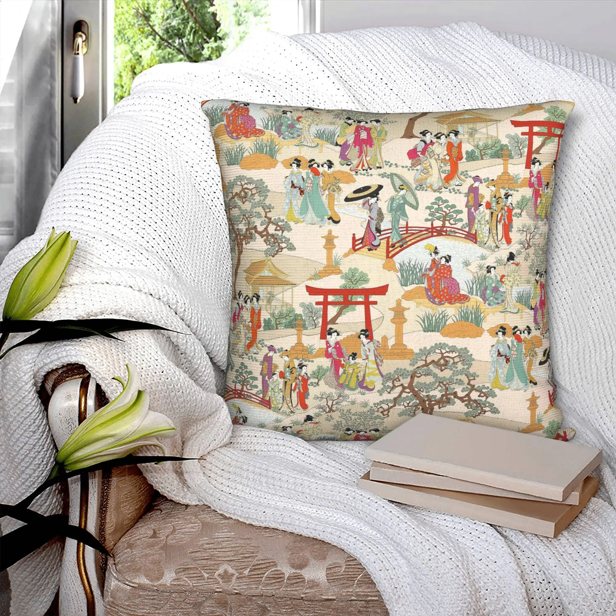 Vintage Geishas Pillow Case 40x40cm Home Decor Modern Antique Traditional Art Chair Cushion Square Pillowcase