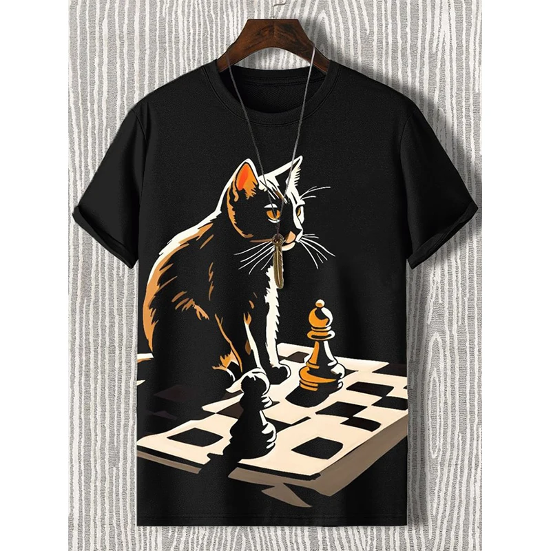 New Funny Cat Play Chess T-Shirts 3D Print Men Women Short Sleeve Hip Hop T Shirt Oversized Y2K Harajuku Tees Tops Kids Clothing