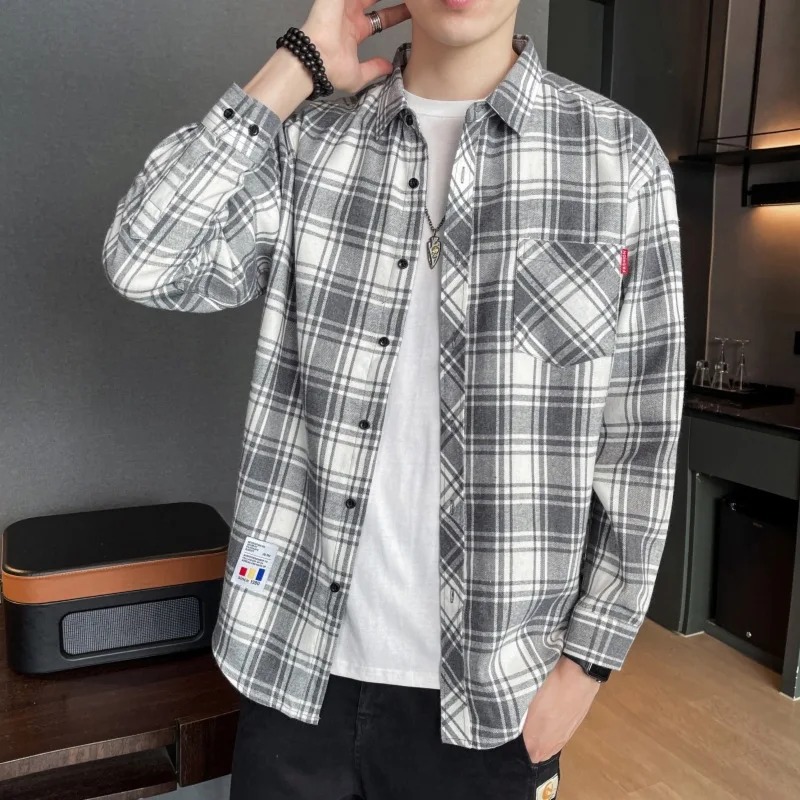 

Модная клетчатая длинная све irt, свободная повседневная тонкая мужская верхняя одежда, весна-осень, новинка, хлопковая модная городская одежда, защита от солнца...