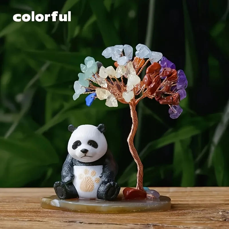 Natural Crystal Gravel Ornaments Agate Piece Base Giant Panda Lucifer Tree Fortune Tree Home Furnishing Desktop Decorations