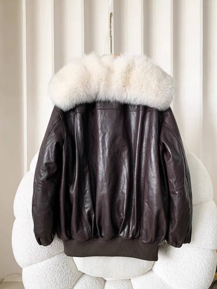 Winter Genuine Leather Women Coat Spliced Fox Fur Collar Overcoat Down Lining Warm Outerwear Top Quality Real Sheepskin Jacket