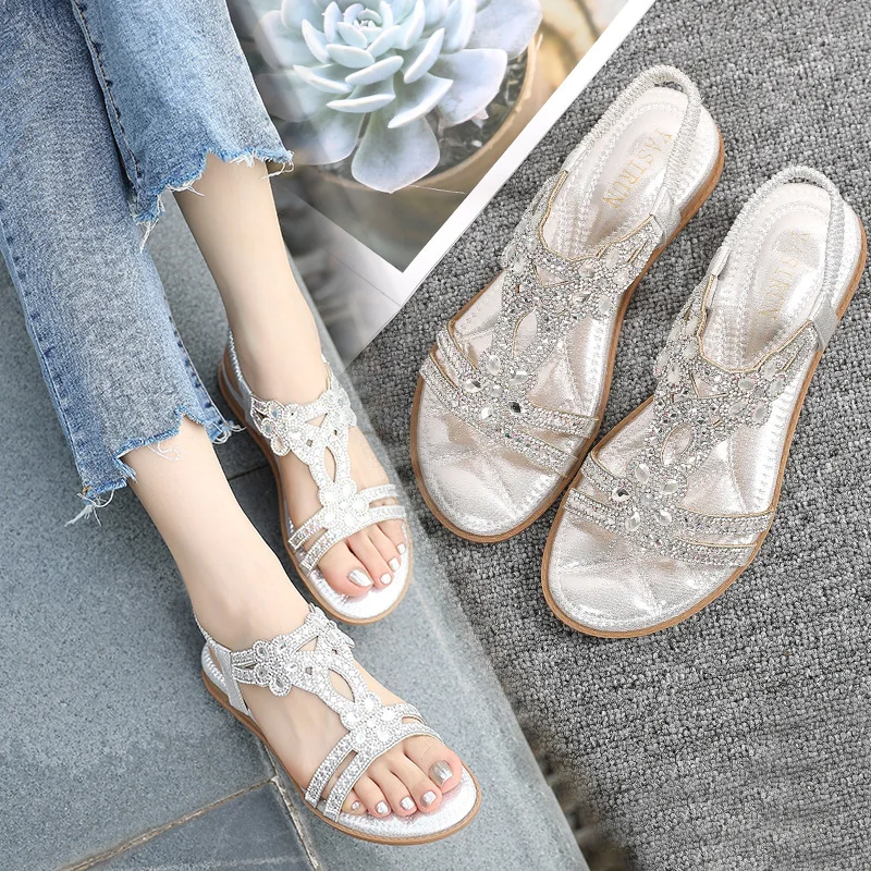 Sandals Woman Summer New 2022 Crystal Weddings Shoes Silver Gold Casual Flat with Bohemian Style Ladies Slip-On Large Size 41.42