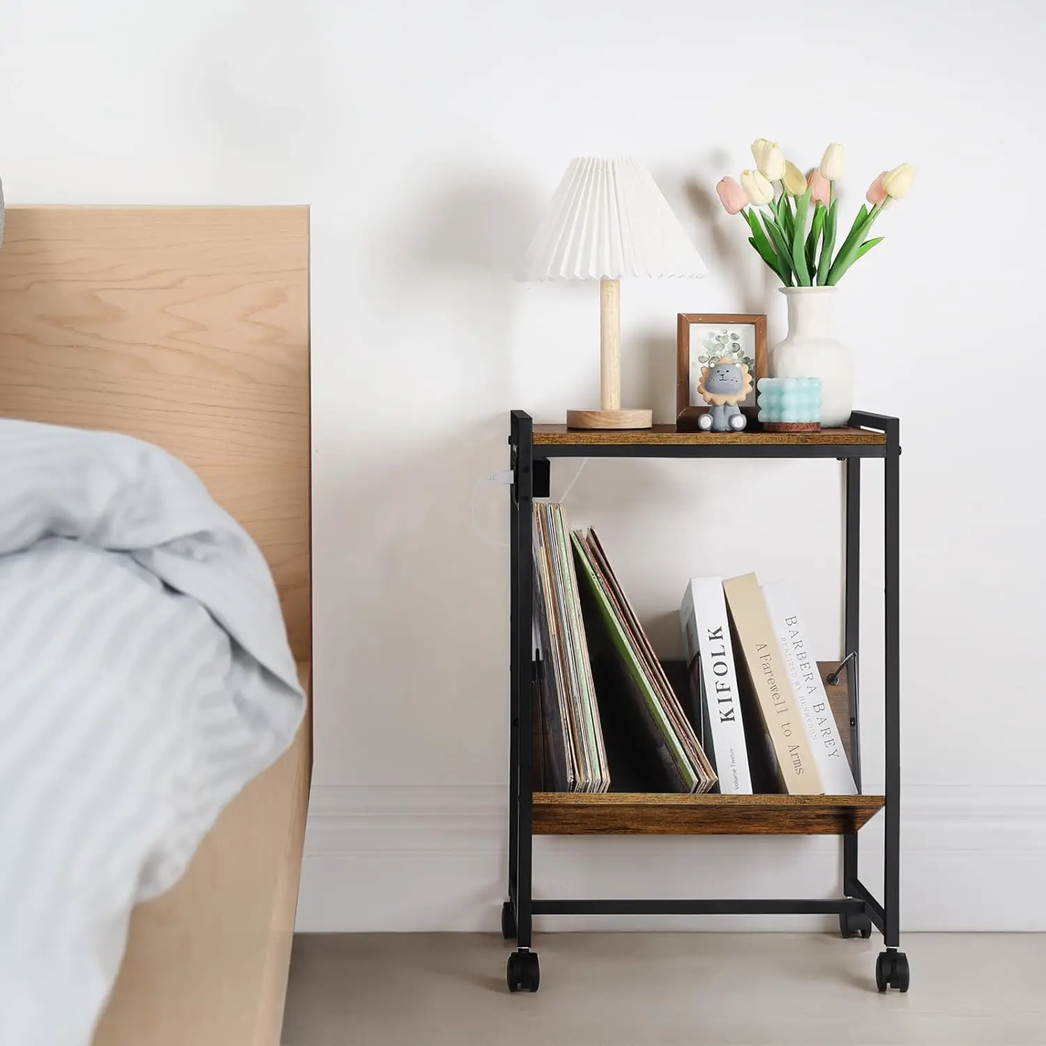 Recorder stand with vinyl storage side table, 2-story recorder table with charging station, and classified storage