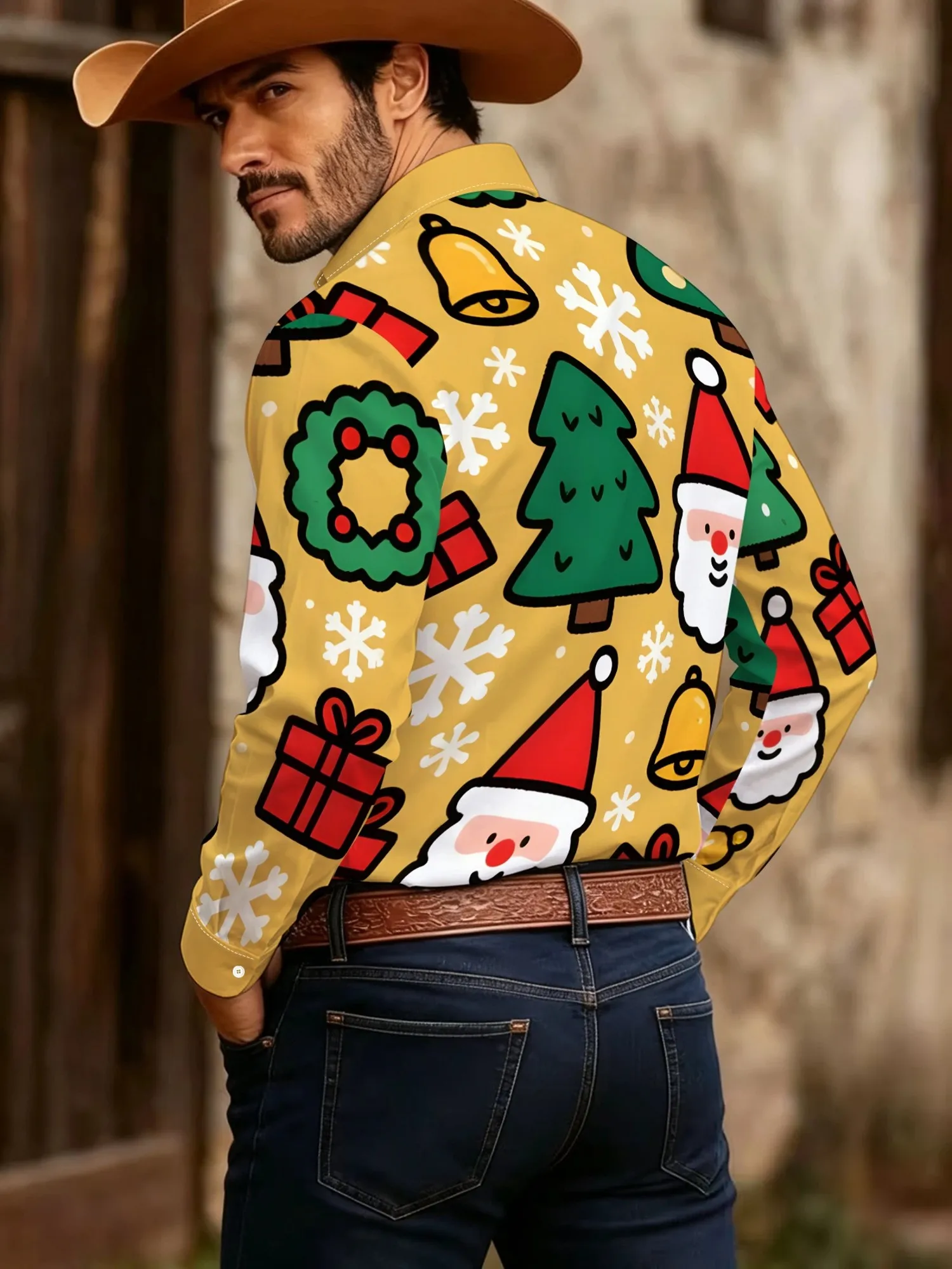 Men Long Sleeve Shirt Yellow Cartoon Santa Claus Tree Bell Gift Print Casual Button Down