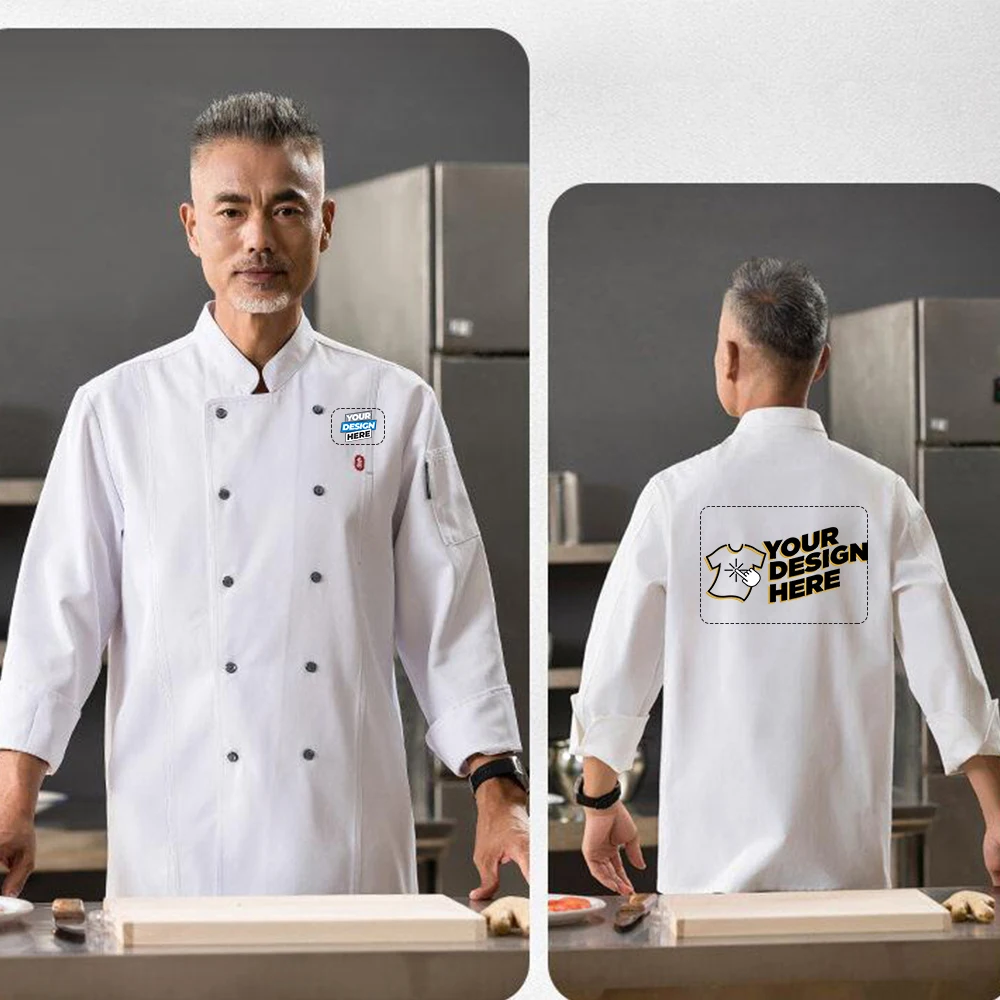 Customize DIY LOGO Chef Uniform Long Sleeve Warm Chef Jacket with Front Pockets Oblique Collar Suits for Men Catering for Coffee