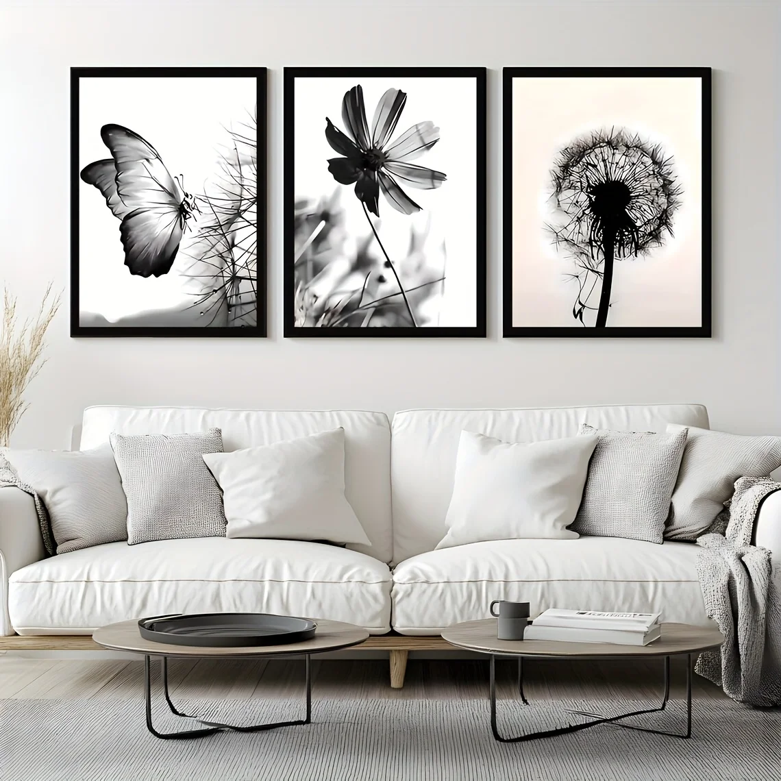 （Noframe 3PCS)-2D Flat, 2D Flat, 3pcs/Set Minimalist Butterfly And Flower Black And White Wall Art Poster Prints, Botanical N