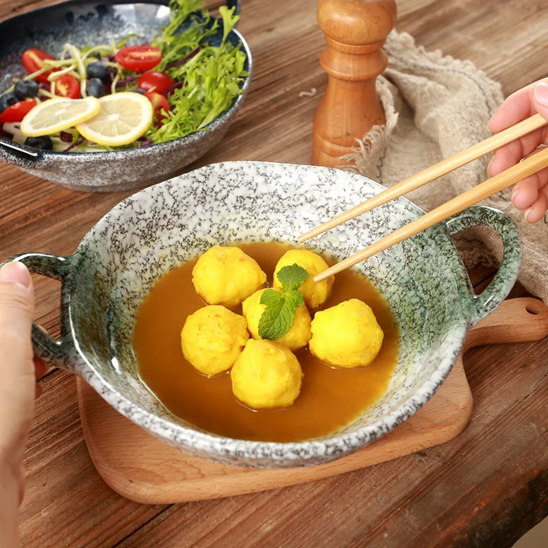 Japanese Retro Binaural Ceramic Bowl Tableware Soup Plate Fruit Salad Bowl Coarse Pottery Bowl Kitchen Dinnerware