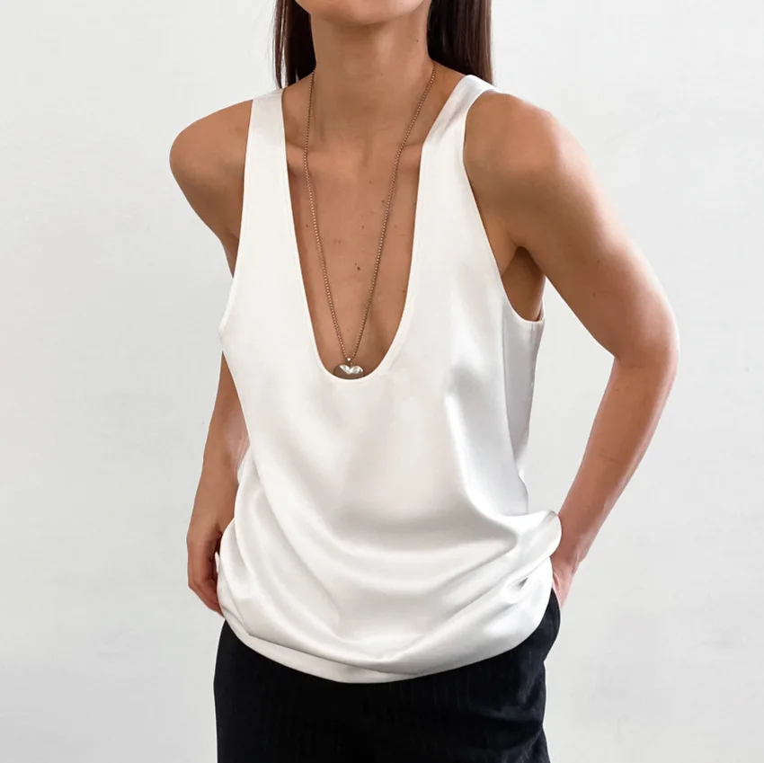 

2026 Summer New Pure Color Satin Satin U-neck Sleeveless T-shirt, European and American Versatile Street Style Camisole