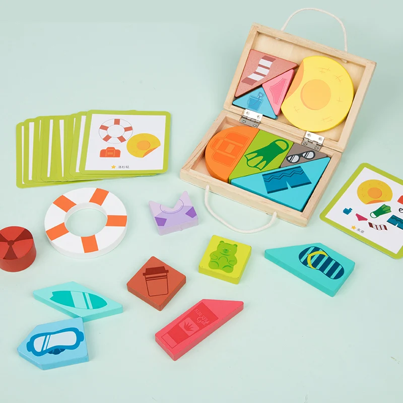 Quebra-cabeça de armazenamento de mala de madeira, jogo sem atraso, quebra-cabeça de viagem, brinquedo de quebra-cabeça de treinamento de imaginação espacial para crianças