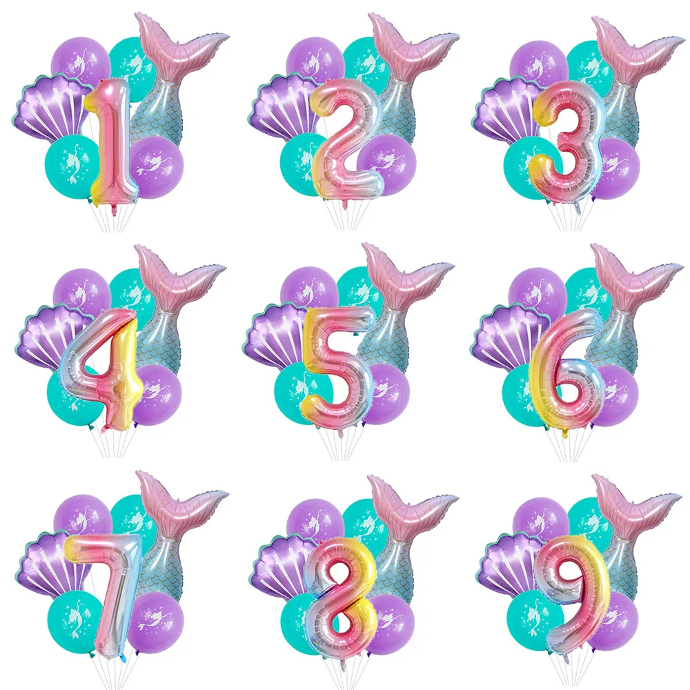 7pcs/lot Rainbow Number Foil Balloons Mermaid Latex Balloon Mermaid Tail Globos Birthday Party Decorations Anniversary Decor