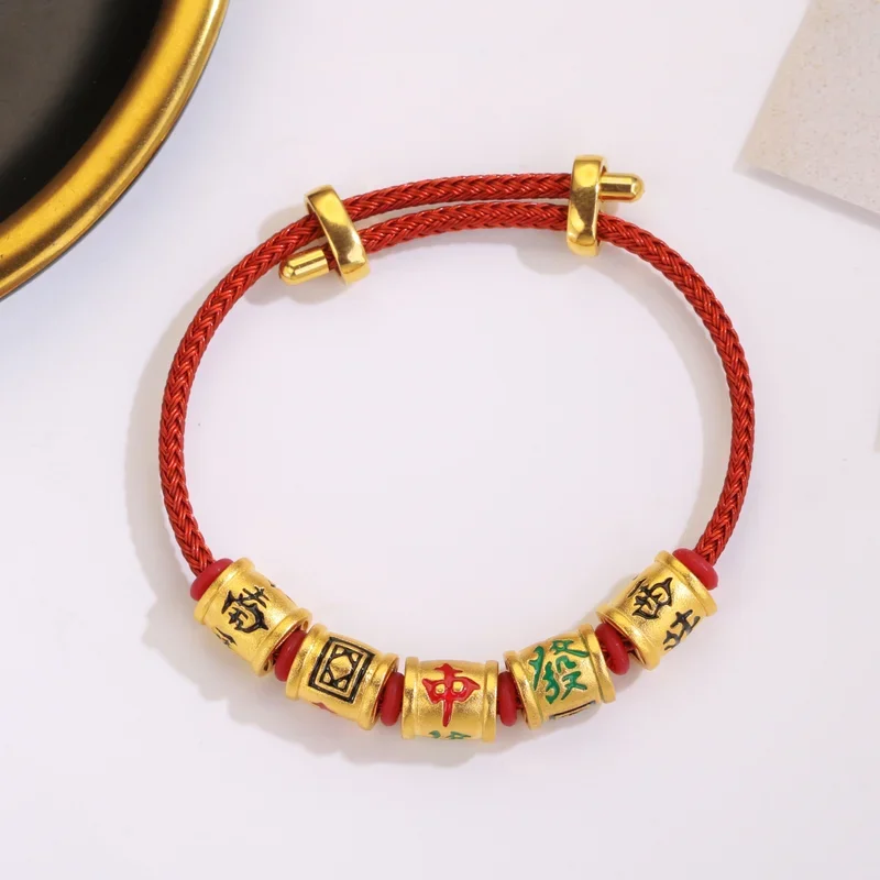 Permanent No Falling Real 24K Gold Plated Luck Hand Rope HandString White Mahjong Red Rope Enamel Golden Color Bracelet 2024 New