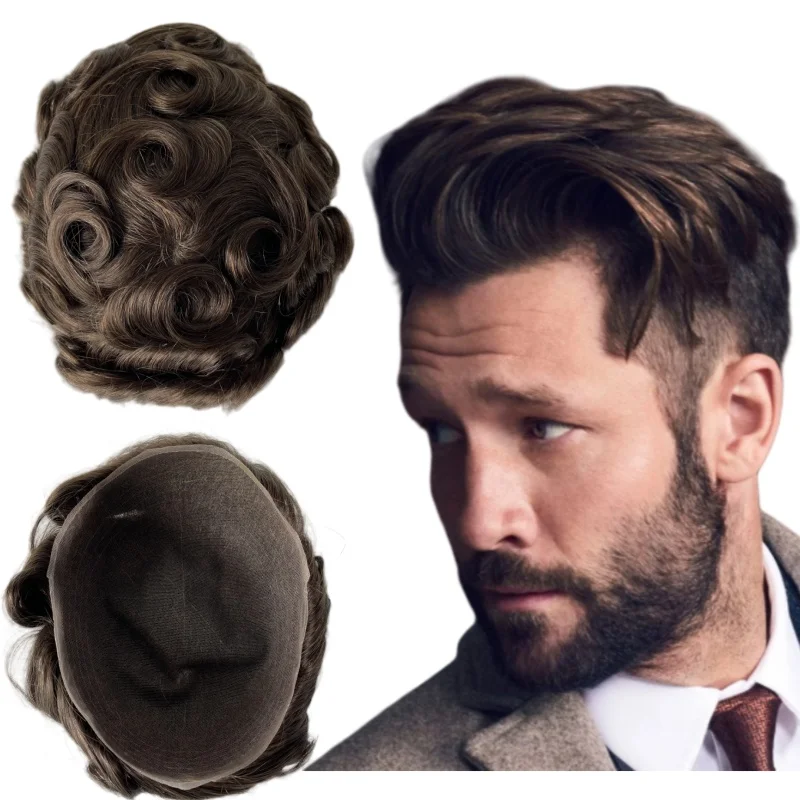 Burmese Virgin Human Hair Hairpiece Brown Color #4 Full Swiss Toupee 32mm Wave 8x10 Lace Unit for White Men