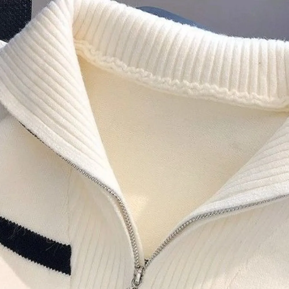 Short Length Striped Sweater Thick Knit Half Zip Design Half Zip Pullover Ribbed Collar Striped Pattern Casual Inner Wear