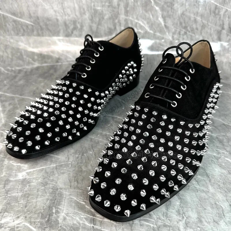 

Silver Rivets Decor Black Flock Strappy Men Shoes Fashion Slip On Men Casual Shoes Luxury Handmade Party Banquet Men Dress Shoes