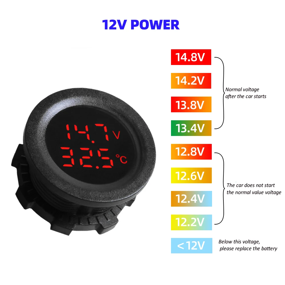 Voltmetro di temperatura per Auto 12-24V misuratore di tensione automatico Display misurazione digitale per termometro per barca da moto per Auto T