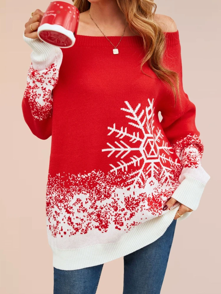 New in Women's Winter Knit Sweater - Off Shoulder Pullover with Snowflake Pattern Christmas Color Block Mid-Length Casual Jumper
