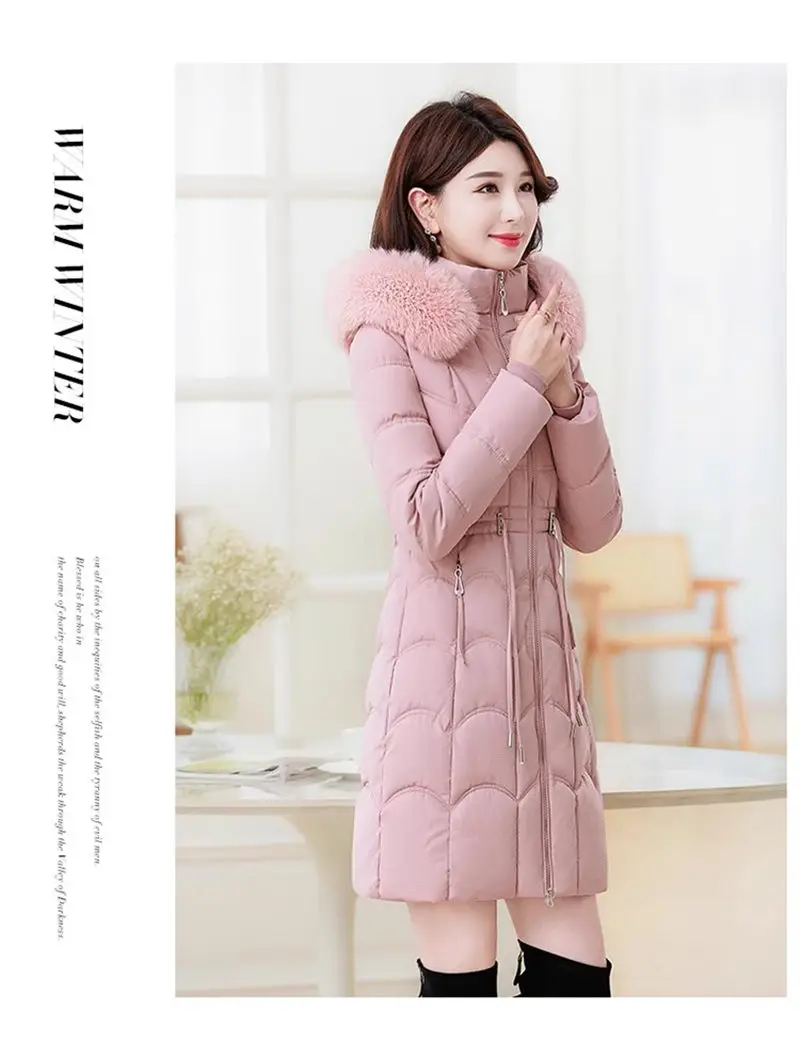 Cotton Jacket Women's Medium Long 2024 New Fashion Slim Versatile Thickened Big Wool Fur Collar Winter Coat Elegant Parkas a568