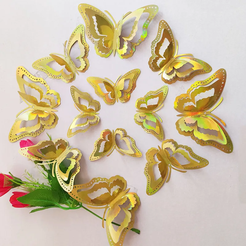 12pcs/set Gradient Hollow 3d Butterfly Wall Sticker For Wedding Decoration Living Room Window Home Decor Gold Silver Butterflies