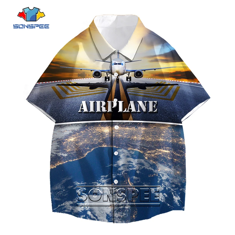 SONSPEE Summer Blue Sky and Airplane Graphic 3D Print Shirt Men's Women's Earth Street Jerseys Short Sleeve Oversize Kids Blouse