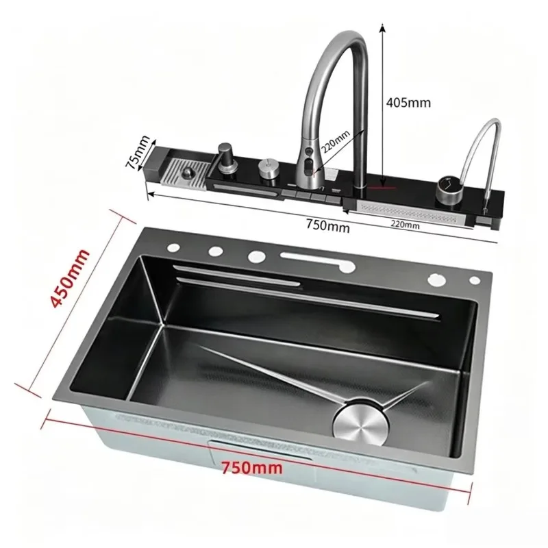 STLF Popular Large Single Slot Multifunction Anti-Scratch LED Digital Display 304 Stainless Steel Waterfall Kitchen Sin