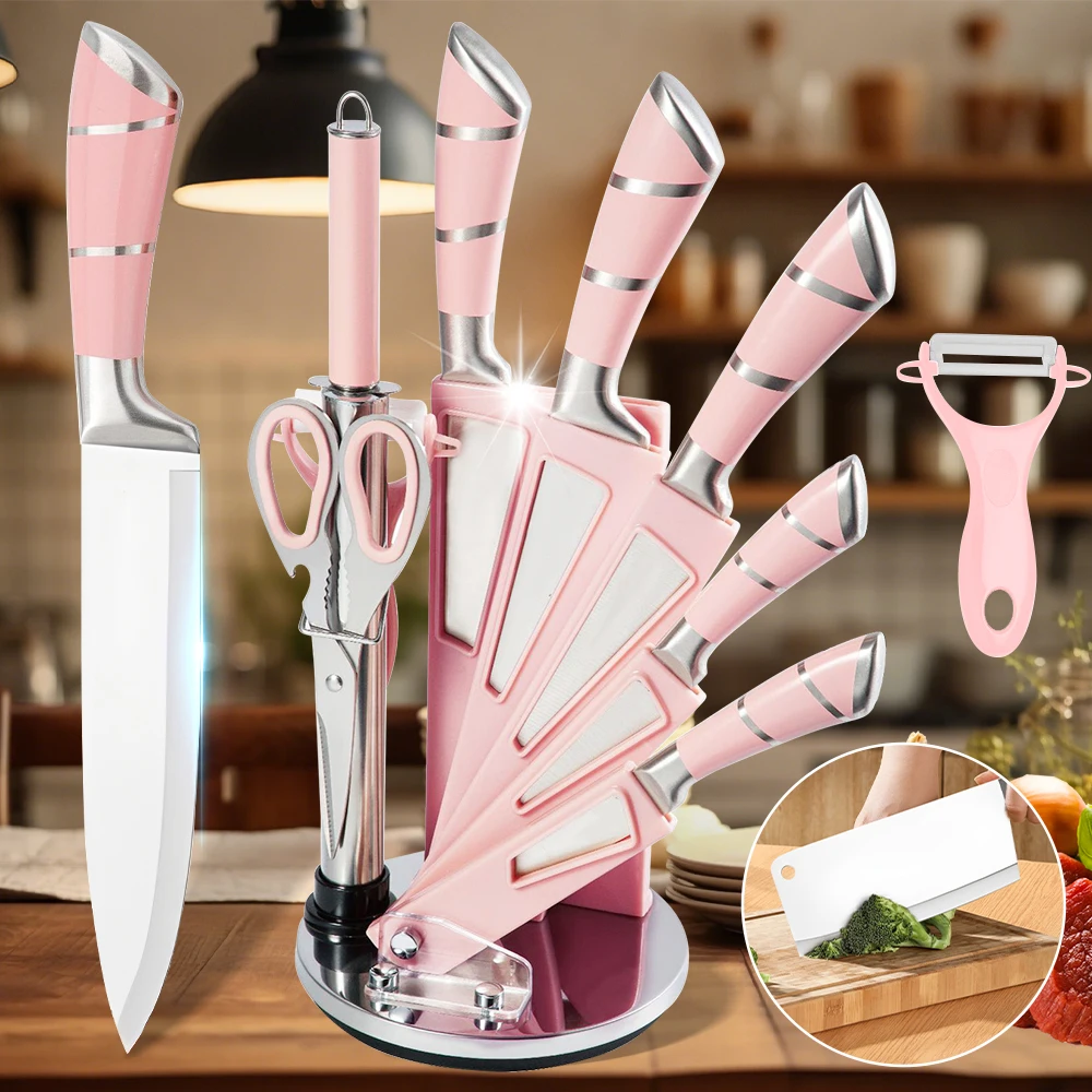9 Pcs Pink Hollow Handle Stainless Steel Kitchen Knife Set with Rotatable Knife Block, Multipurpose Cooking Cutlery Kit Includes Chef Knife Cleaver Bread Knife Utility Paring Knife, Kitchen Scissors, Fruit Peeler and Sharpening Rod for Household Vegetable