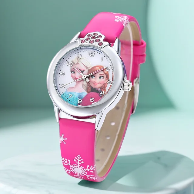 Nowy zegarek dla dziewczynek Elsa, skórzany pasek, urocze zegarki dziecięce, kreskówkowe zegarki kwarcowe dla dziewcząt, zegarek Frozen.