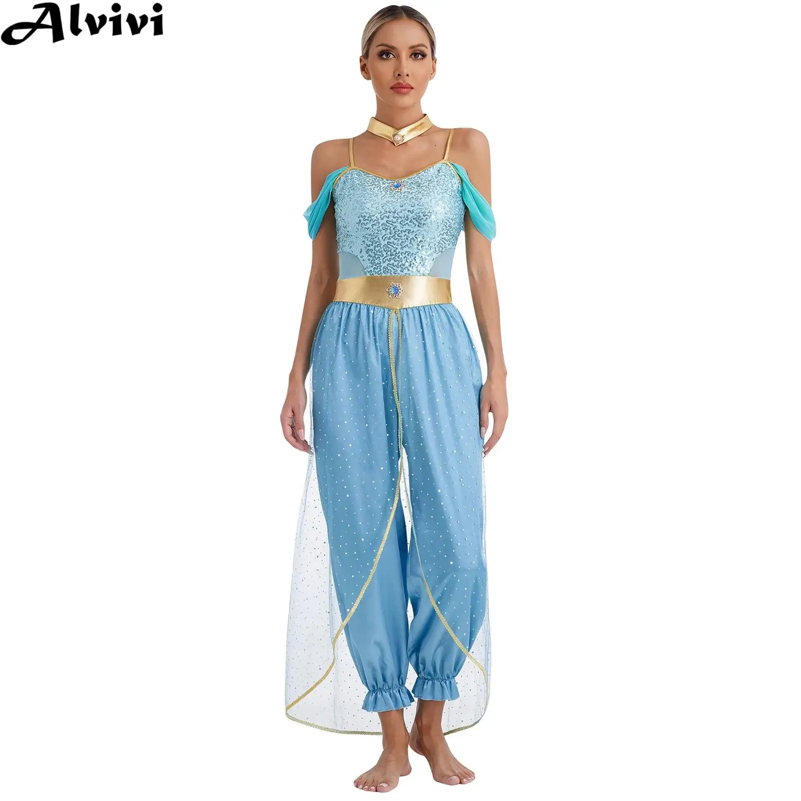 Women Belly Dance Jumpsuit Halloween Them Party Arabian Princess Circus Cosplay Costume Shiny Sequin Mesh Bodysuit with Choker