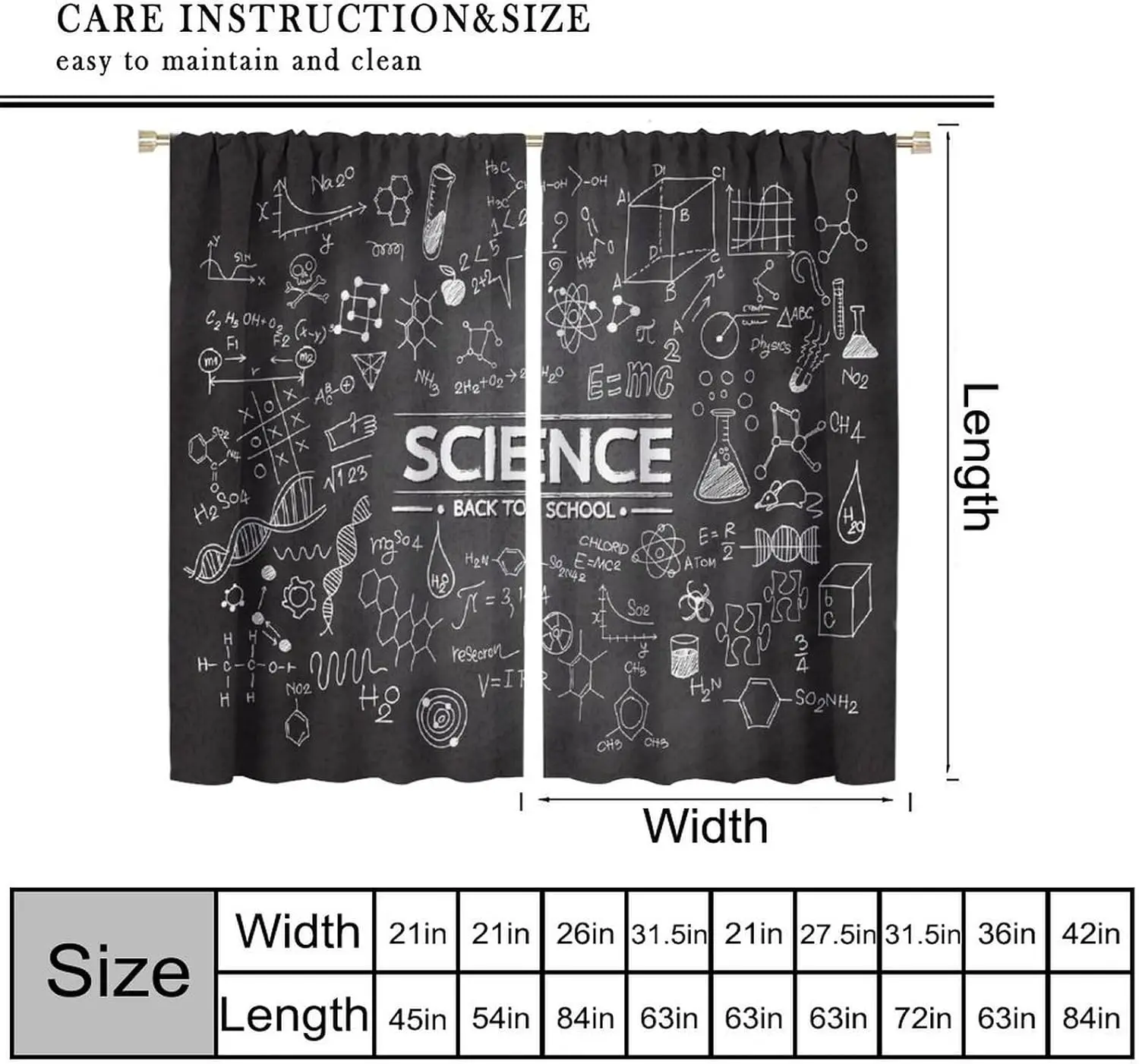 Black Science Chalkboard Curtain Pair 2pcs Academic Classroom Decor Chemistry Physics School Window Treatment for Students