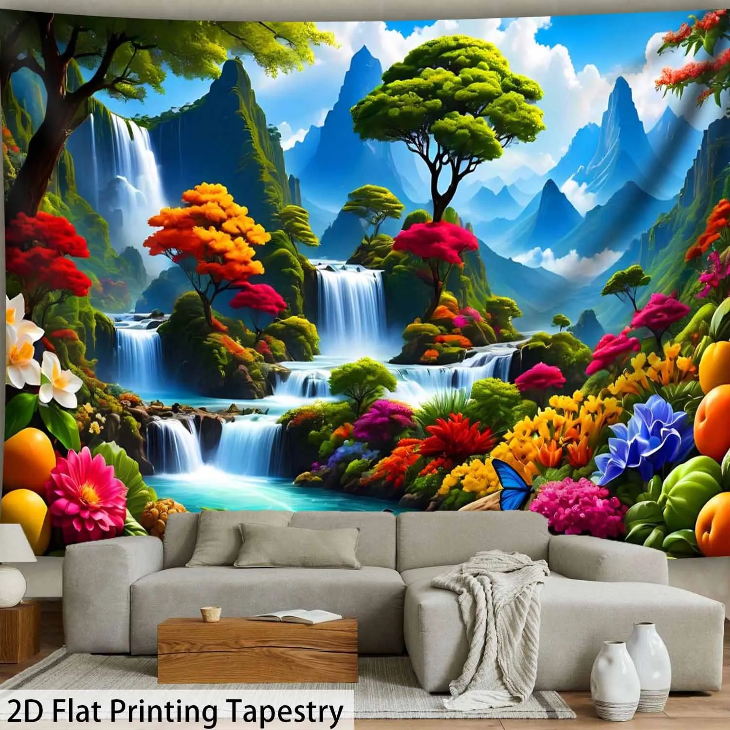 Fantasy Mountain Stream Scene Tapestry Rainbow Trees Flowers Background Scenic Decor Wall Hanging for Living Room or Bedroom