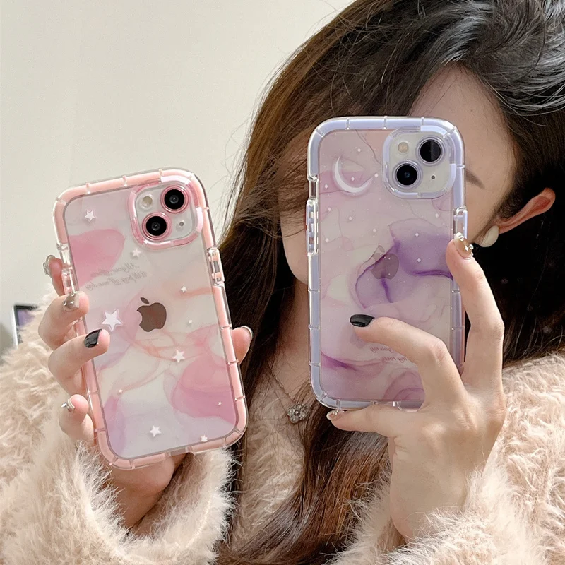 Luminous Purple Starry Crescent Phone Case For iPhone 15 Pro Max 14 13 12 11 Pro Max Transparent Shockproof Soft TPU Back Cover