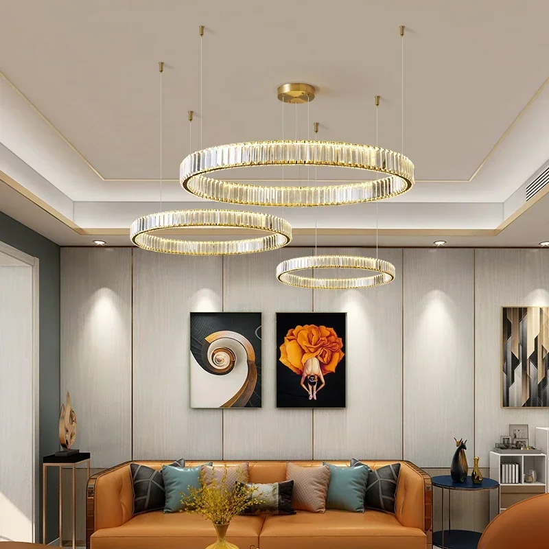 

Modern Ring Crystal Led Chandelier Living Room Decor Bedroom Gold Chrome Hanging Lamp Stainless Steel Round Circle Pendant Light