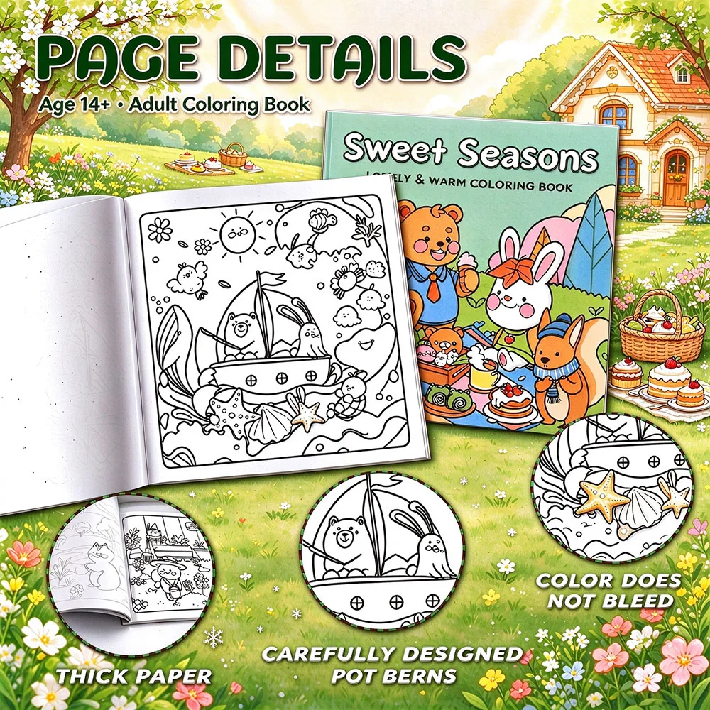 Sweet Seasons Adult Coloring Book, single-sided printing, 40 pages. It's an excellent gift for Halloween, Easter and Christmas.